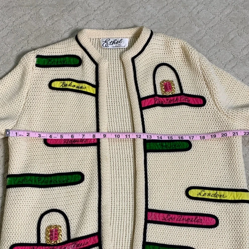 Ethel of Beverly Hills Travel Novelty Cardigan Wool Sweater Cream Women's M - Picture 11 of 16